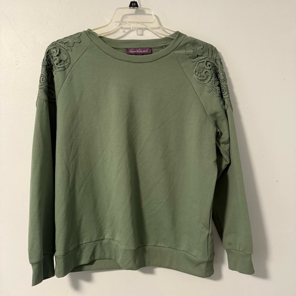 Gloria Vanderbilt Womens Sweatshirt‎ Green Lace Shoulder Long Sleeve Pullover L